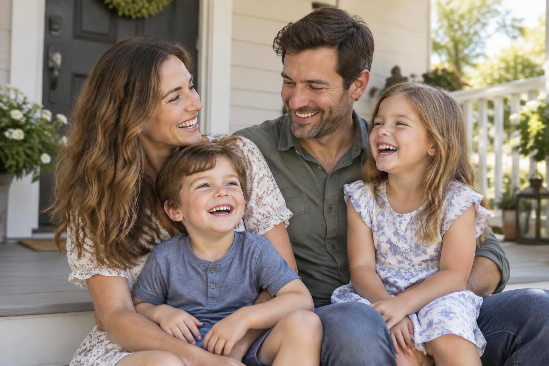 A smiling family relaxing together on a sunny porch